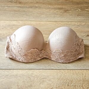 Victoria's Secret Body By Victoria Nude Beige Tan Lace Trim Strapless Padded Bra